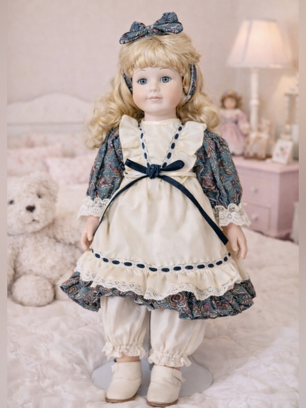 Vintage Porcelain Doll 17” Blonde Blue Eyes Victorian Lace Dress w/ Stand